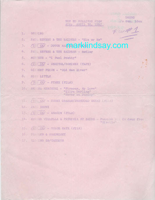 Vintage April 30, 1967 ORIGINAL mimeograph ED SULLIVAN show schedule + photo - Personally Autographed to YOU by Mark
