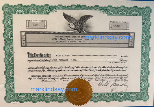 Mark Lindsay Entertainment America Stock Certificate -  Personally Autographed to YOU by Mark