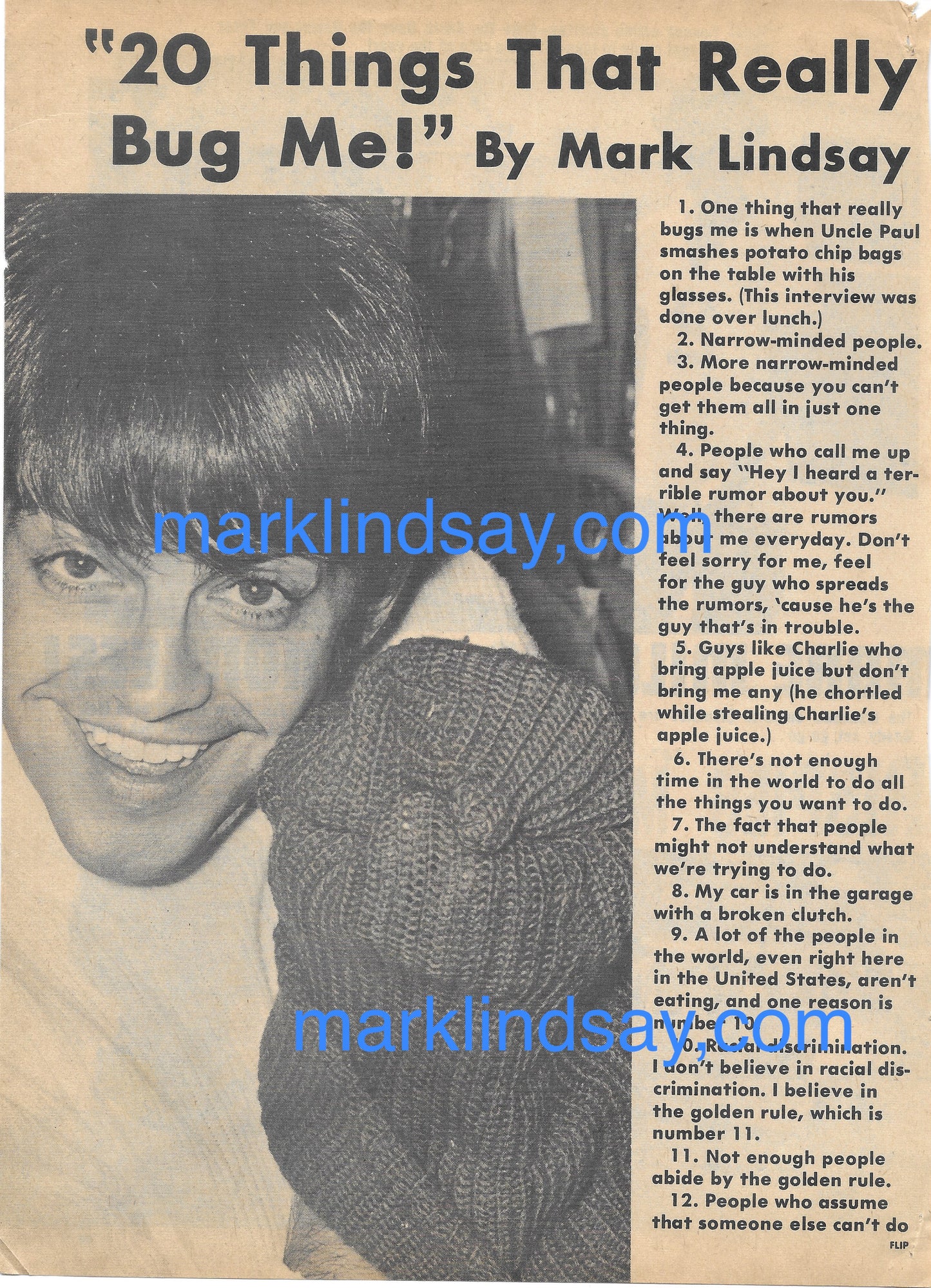 "20 Things" Vintage Article - Personally Autographed to YOU by Mark Lindsay