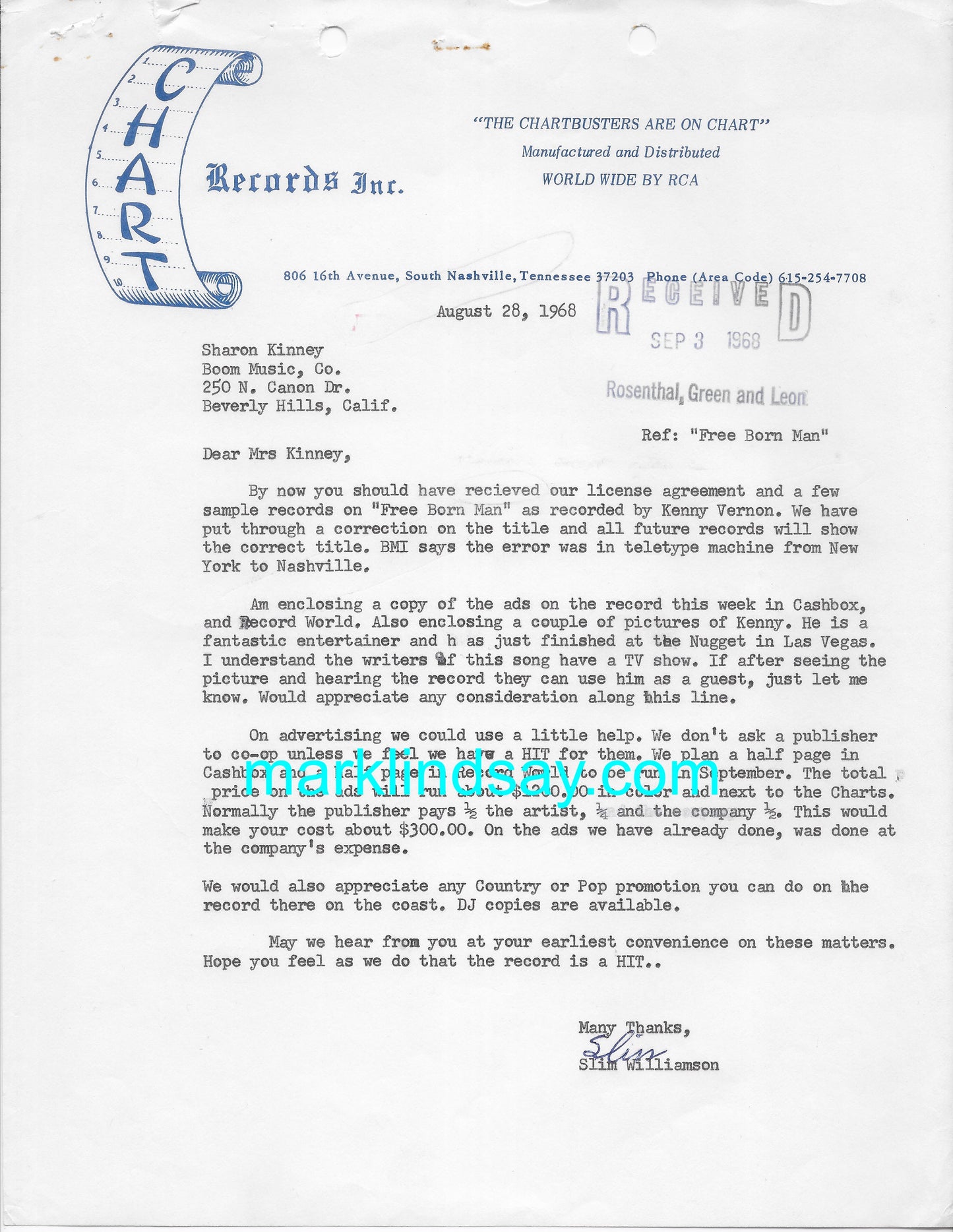 1968 Freeborn Man Typewritten Correspondence (4 pages) re: Kenny Vernon/Happening - Personally Autographed to YOU by Mark
