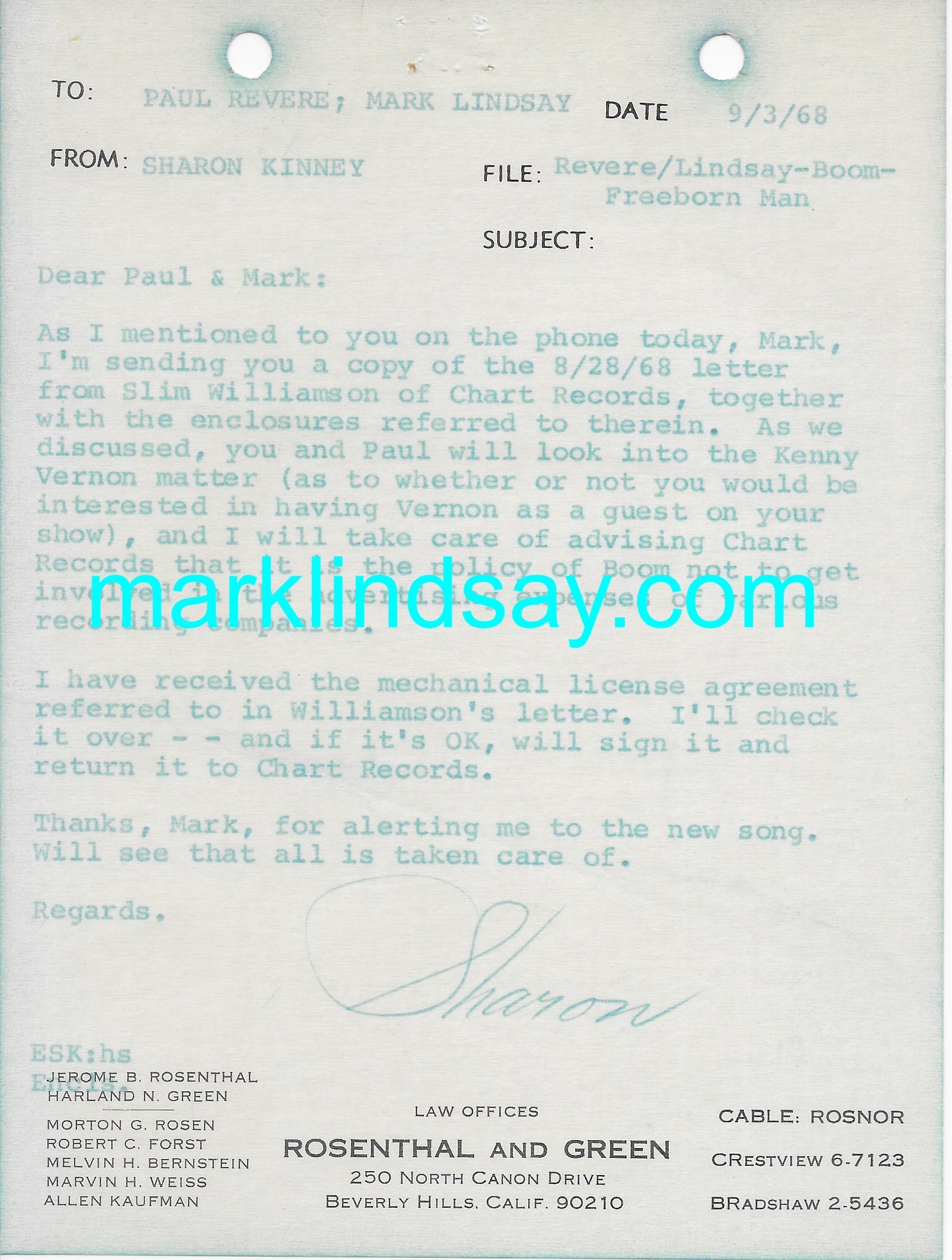 1968 Freeborn Man Typewritten Correspondence (4 pages) re: Kenny Vernon/Happening - Personally Autographed to YOU by Mark