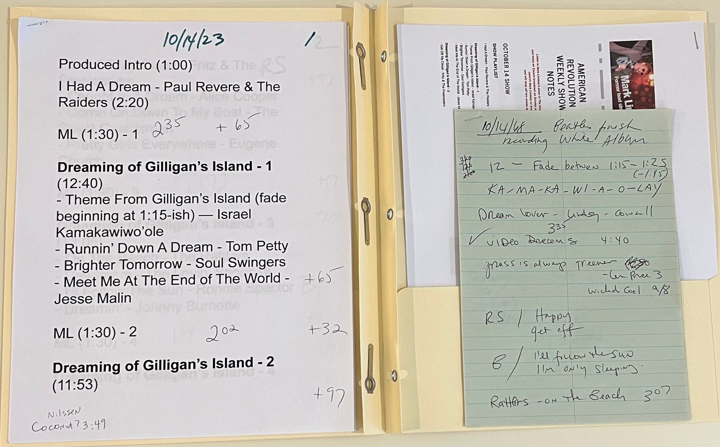 American Revolution Radio Show Script/Notes Booklet - 10/14/23 #73 "Dreaming of Gilligan's Island" - Personally Autographed to YOU by Mark Lindsay