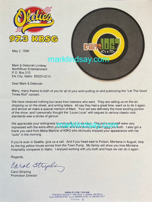KBSG Radio Letter to Mark Lindsay + K-HITS Coaster/Card from Rock & Roll Cafe - Personally Autographed to YOU by Mark