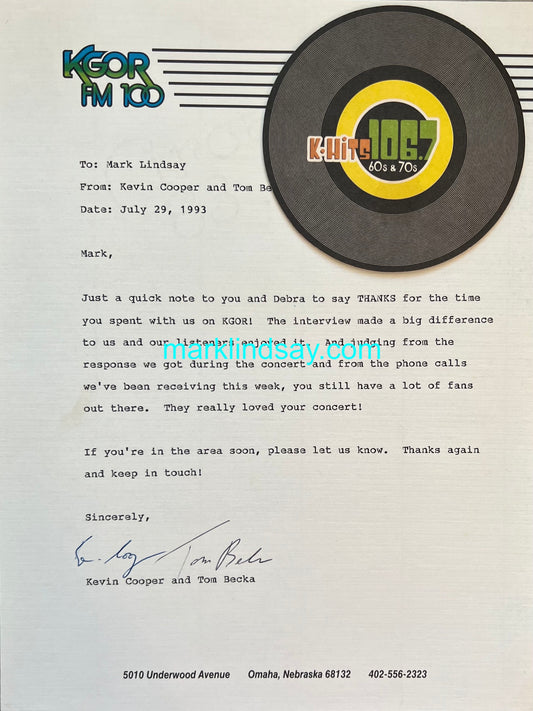 KGOR Radio Letter to Mark Lindsay + K-HITS Coaster/Card from Rock & Roll Cafe - Personally Autographed to YOU by Mark
