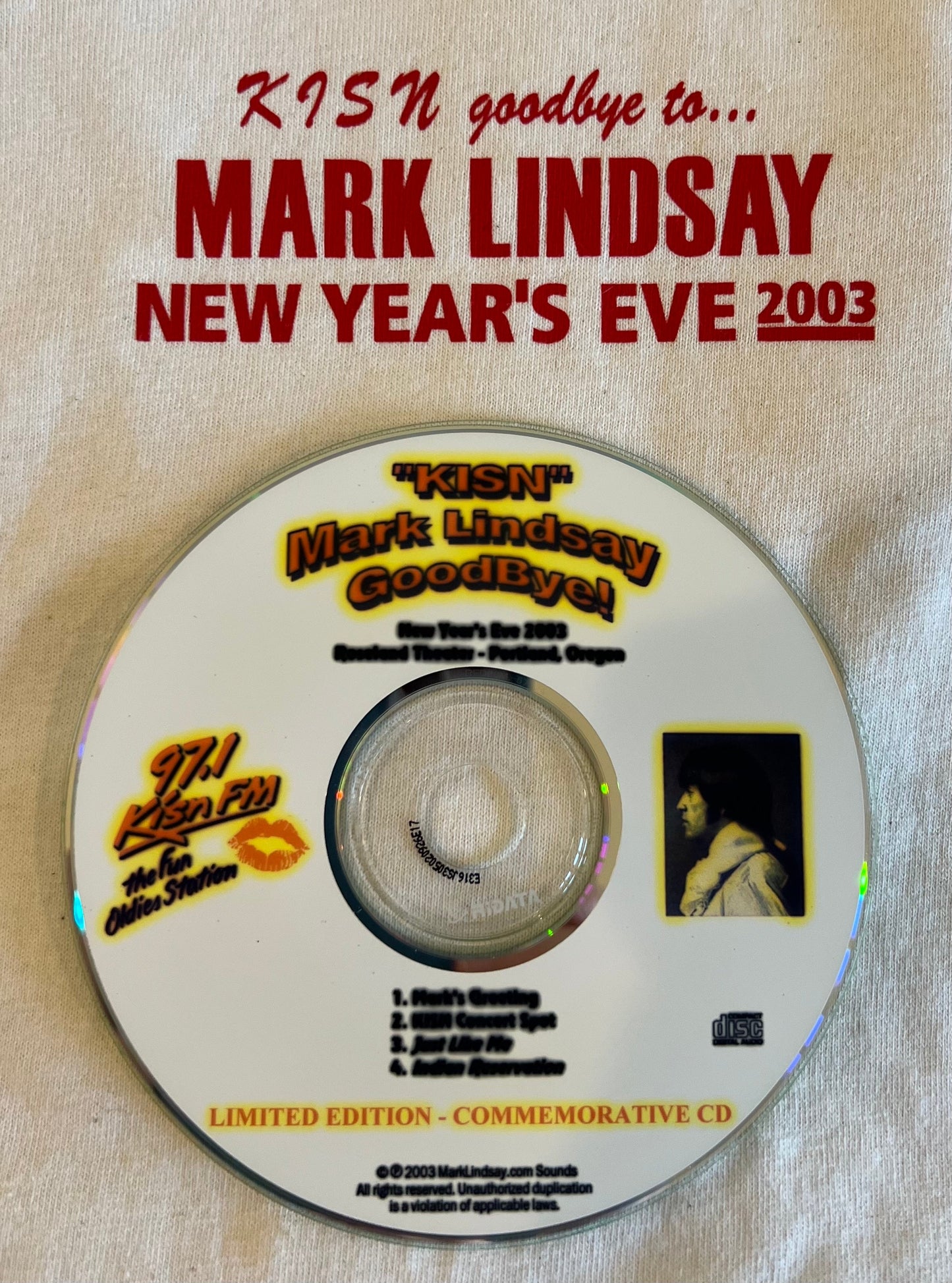 2003 New Year's Eve T-Shirt Ladies Size 2XL + Ltd Ed Promo CD + New Year's Card - Personally Autographed to YOU by Mark Lindsay