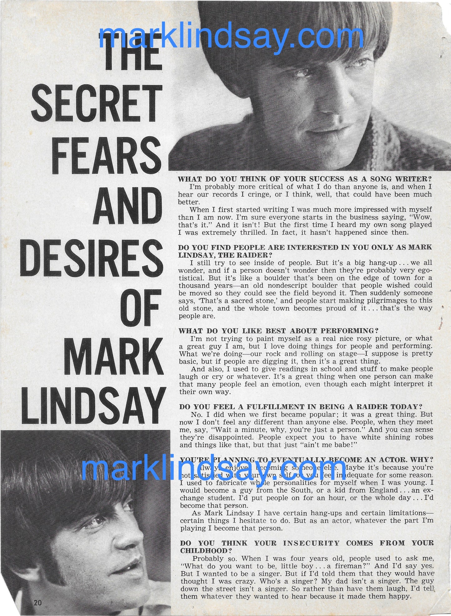"Secret Fears/Desires" Vintage Article - Personally Autographed to YOU by Mark Lindsay