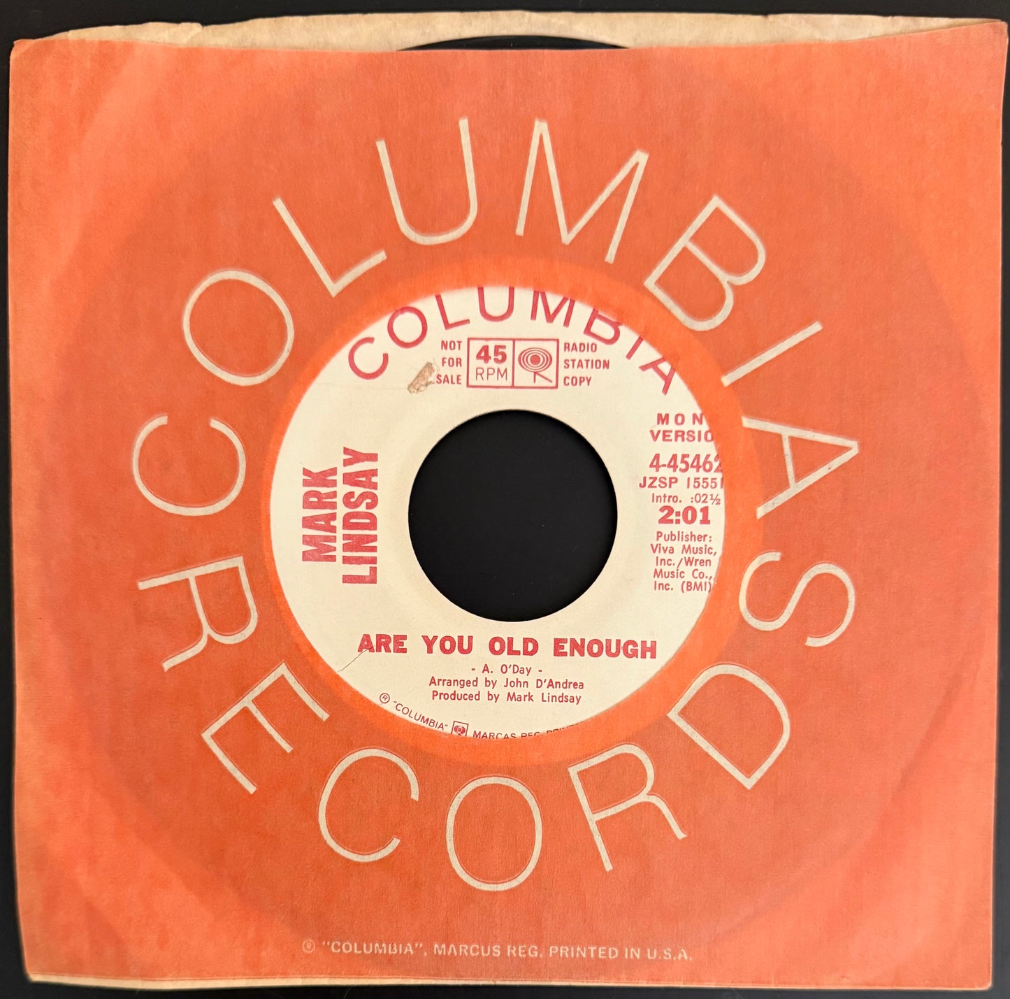 Are You Old Enough 1971 Mint Radio Station Double-sided 45 - Mark Lindsay -  Personally Autographed to YOU by Mark