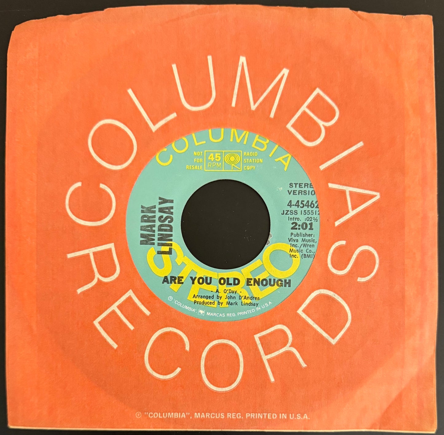 Are You Old Enough 1971 Mint Radio Station Double-sided 45 - Mark Lindsay -  Personally Autographed to YOU by Mark