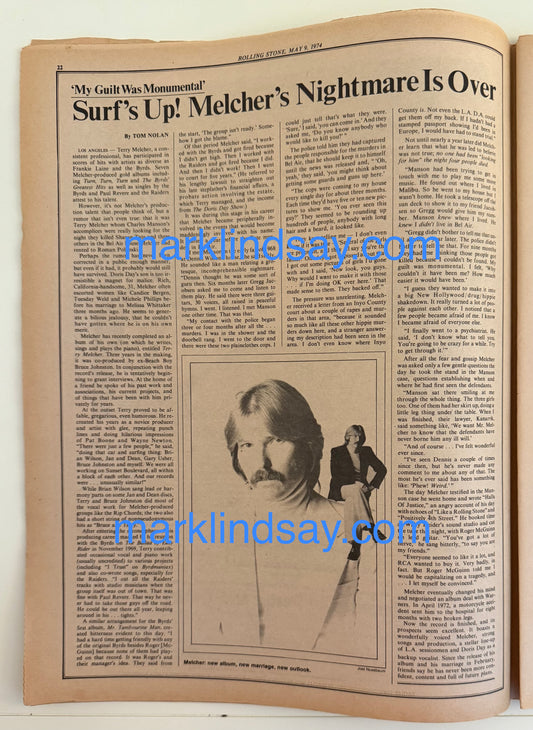 May 1974 Rolling Stone Magazine - Terry Melcher/Manson Article - Personally Autographed to YOU by Mark