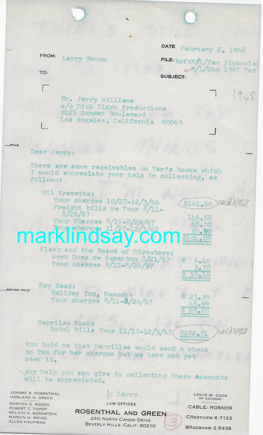 1968 Raider Tour Charge Statement - Personally Autographed to YOU by Mark