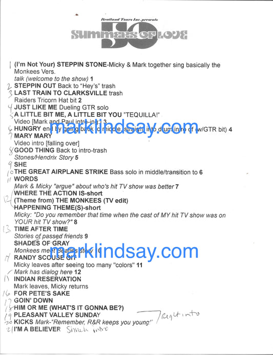 50 Summers of Love w/Micky Dolenz Production/Rehearsal Notes 2017 - Personally Autographed to YOU by Mark Lindsay