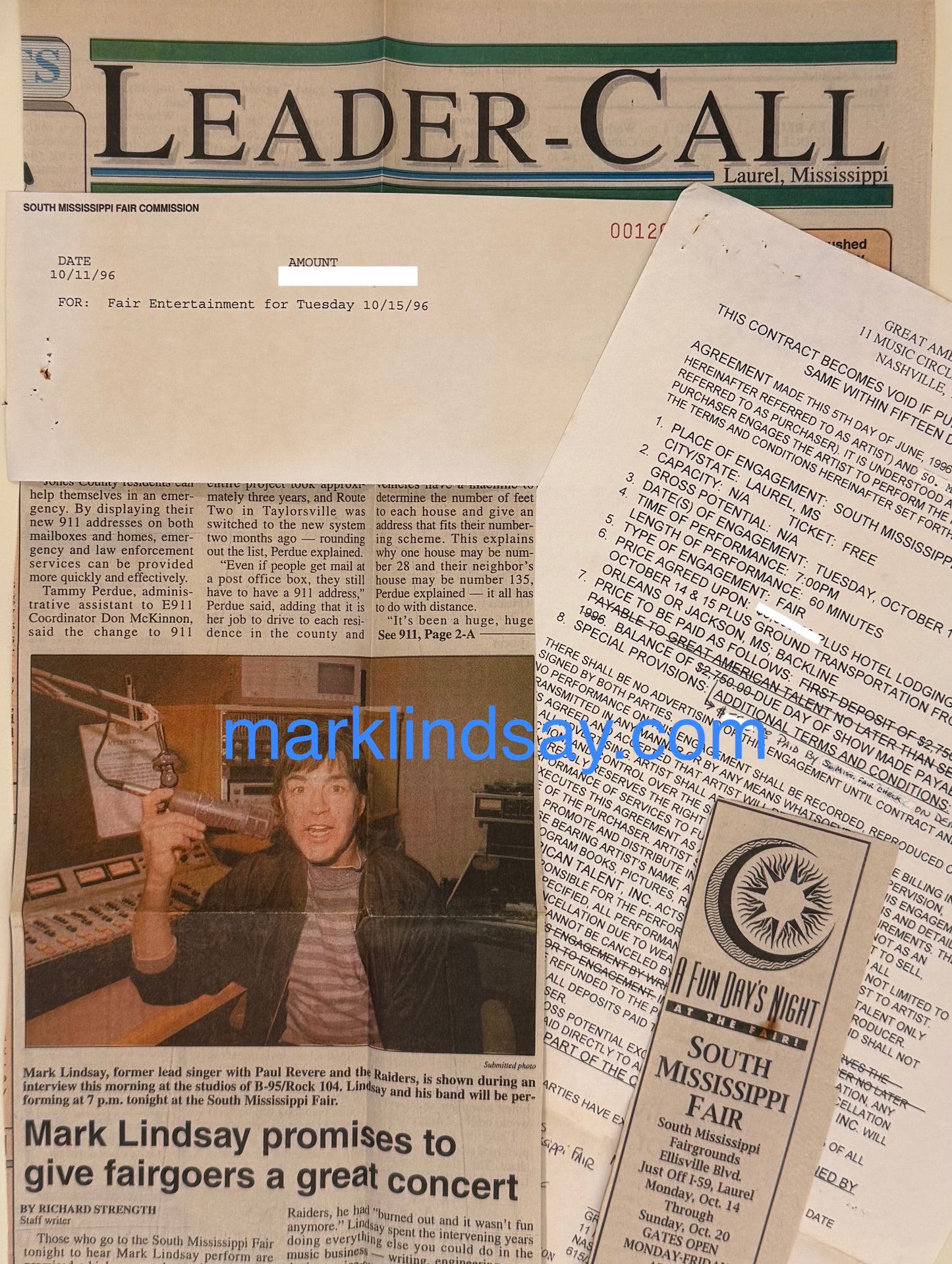 1996 S Mississippi Fair Contract and Clippings, Check Stub - Personally Autographed to YOU by Mark Lindsay