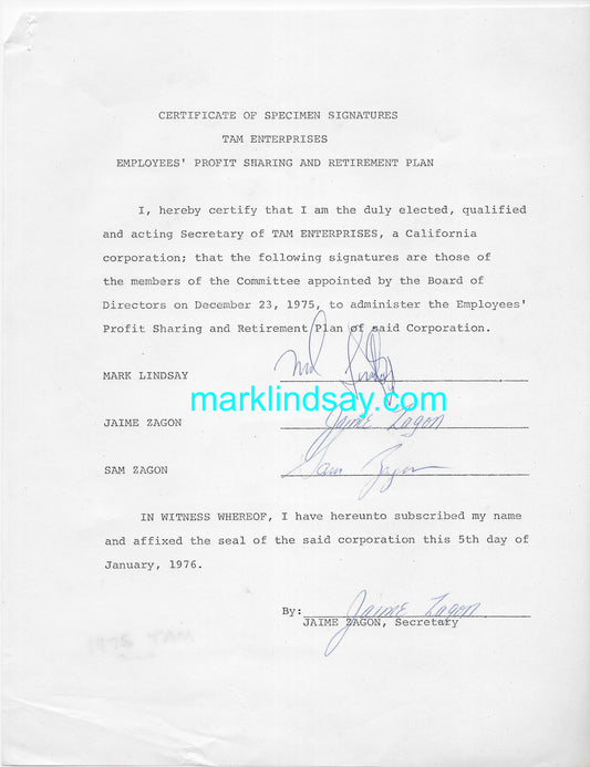 Vintage 1976 TAM Enterprises Legal Document Signed by Mark, Ex, and Ex-FIL + card - Personally Autographed to YOU by Mark
