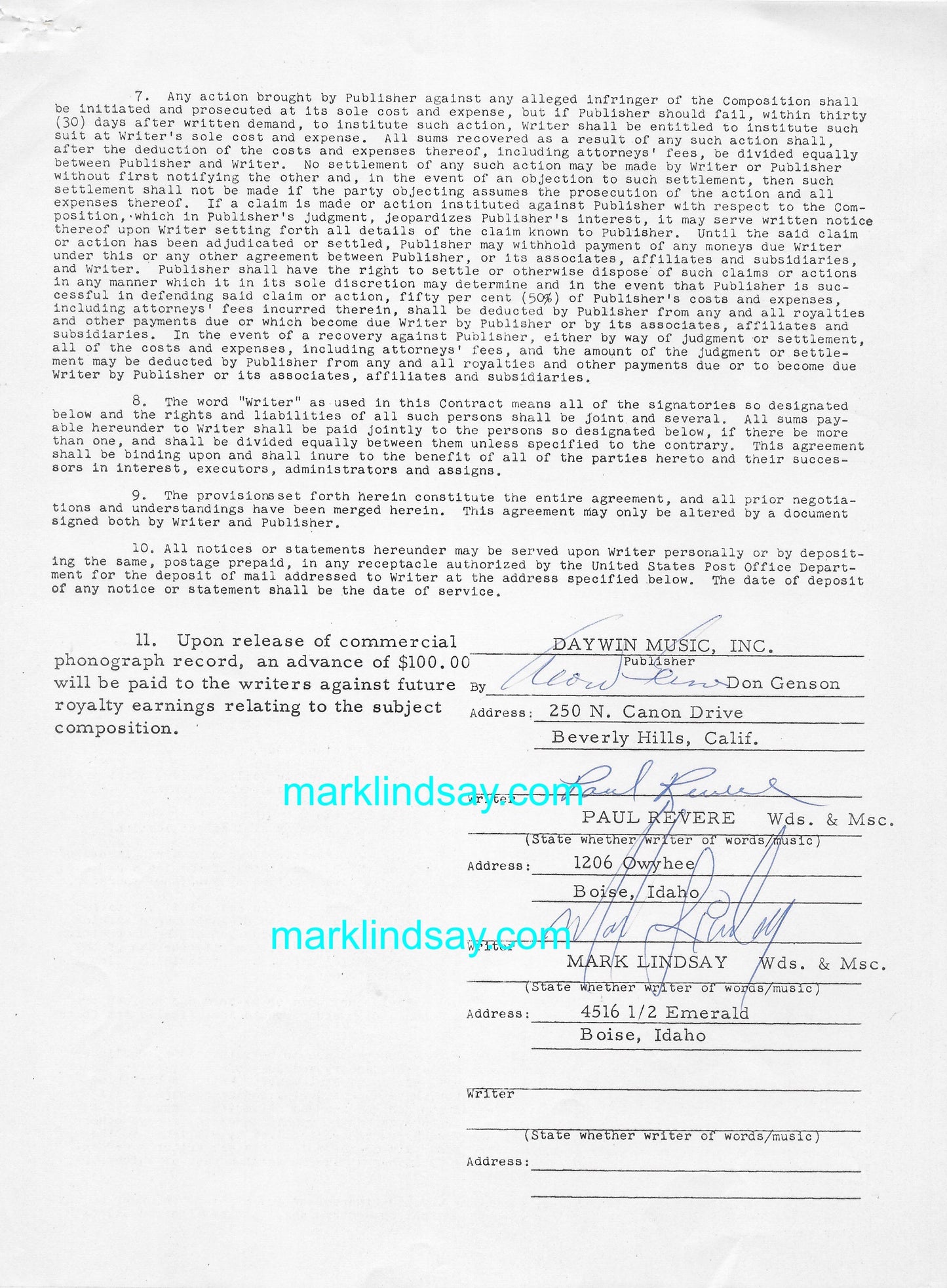 Lindsay/Revere Signed Songwriters Contract SHAKE IT UP Vintage 1964 - Personally Autographed to YOU by Mark