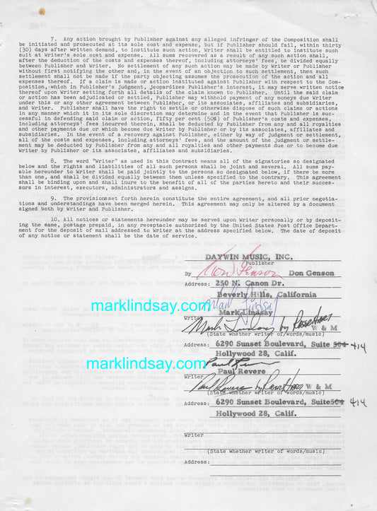 Lindsay/Revere/Hart Signed Songwriters Contract THERE SHE GOES Vintage 1966 - Personally Autographed to YOU by Mark