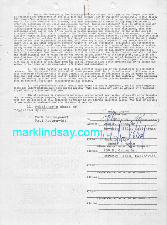 Mark Lindsay Signed Songwriters Contract TOO MUCH TALK Vintage 1968 - Personally Autographed to YOU by Mark