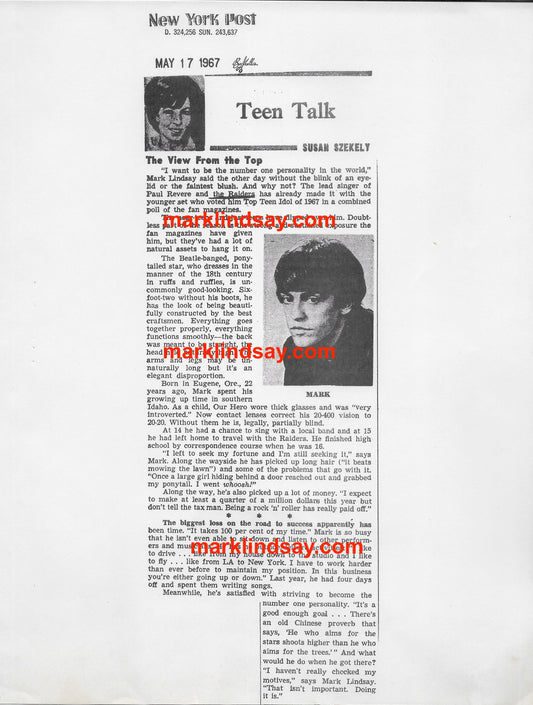 1967 File Copy New York Post Teen Talk "Interview" - Personally Autographed to YOU by Mark