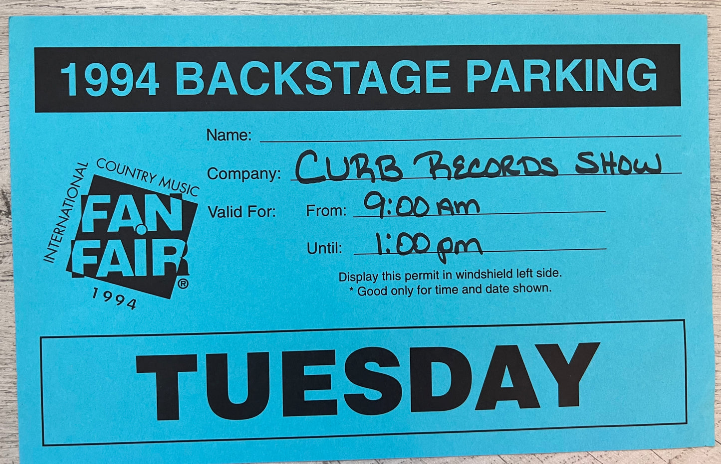 Mark Lindsay 1994  Fan Fair w/Tim McGraw Parking Pass + Card - Personally Autographed to YOU by Mark