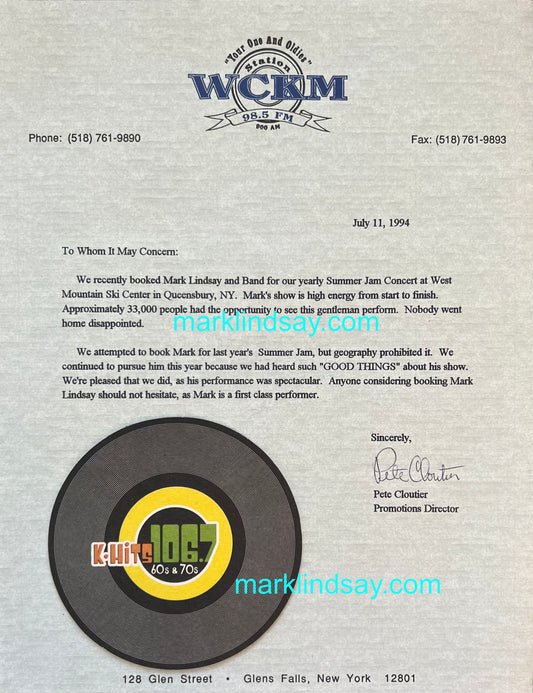 WCKM Radio Letter to Mark Lindsay + K-HITS Coaster/Card from Rock & Roll Cafe - Personally Autographed to YOU by Mark