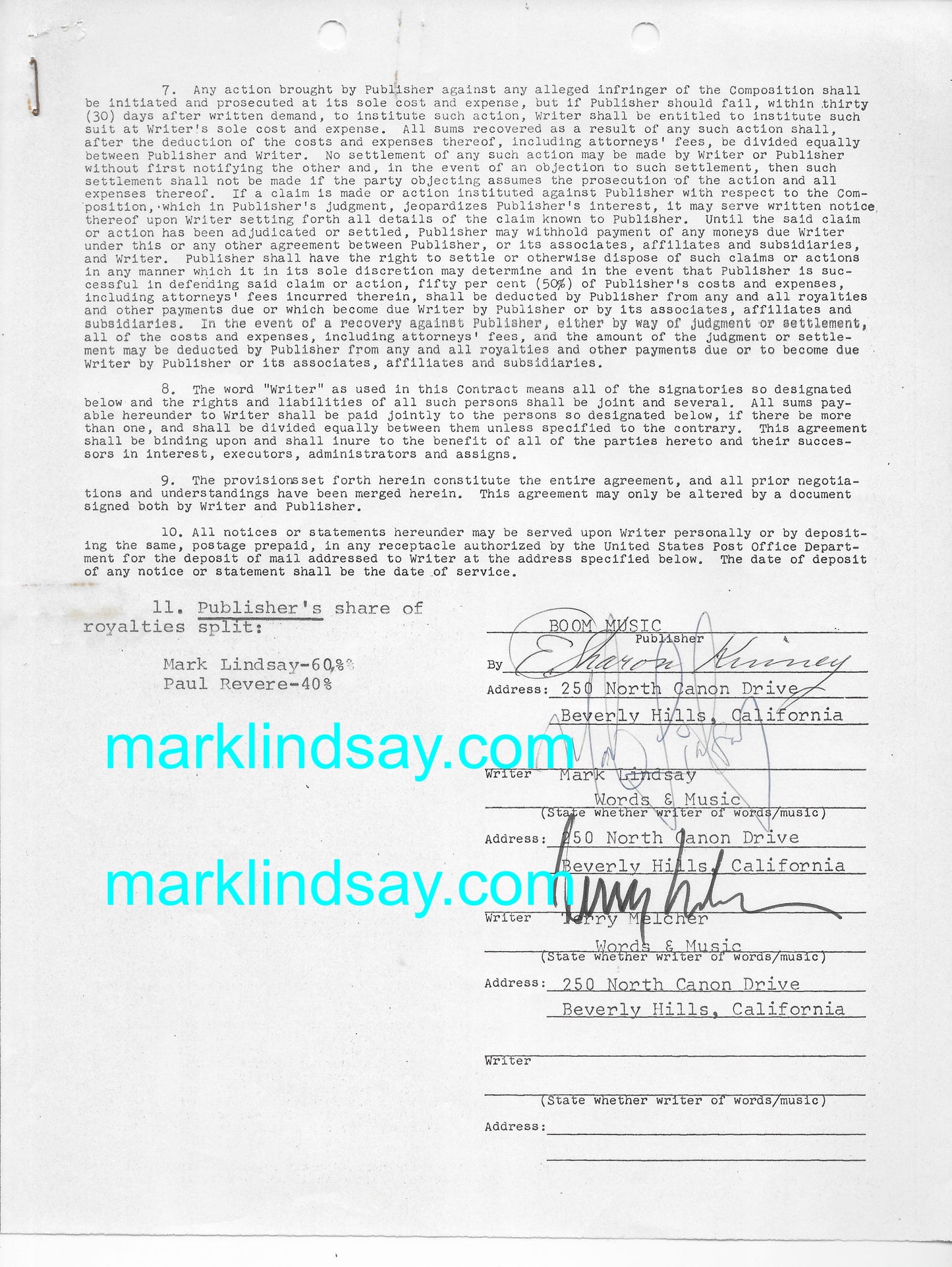 Mark Lindsay/Terry Melcher Signed Songwriters Contract HEAVY CHRISTMAS MESSAGE Vintage 1966 - Personally Autographed to YOU by Mark