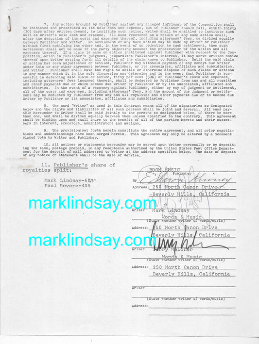 Mark Lindsay/Terry Melcher Signed Songwriters Contract HEAVY CHRISTMAS MESSAGE Vintage 1966 - Personally Autographed to YOU by Mark